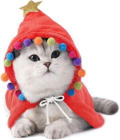 Pet Christmas Costume Puppy Xmas Cape with Stars and Pompoms Cat Santa Cloak (Color: Red, size: M)